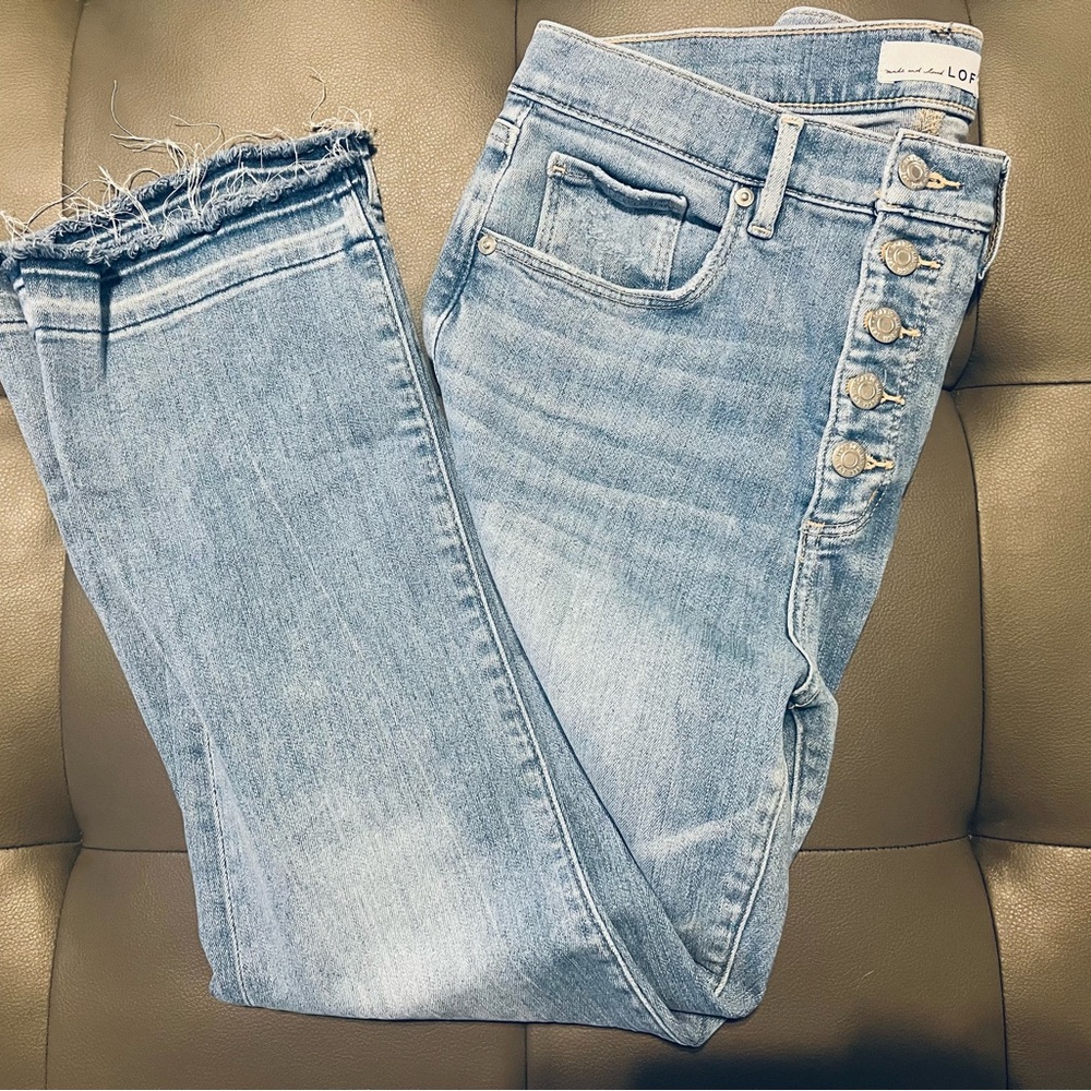 LOFT Light Blue Kick Cropped Jeans with Frayed Hem Regular Length
